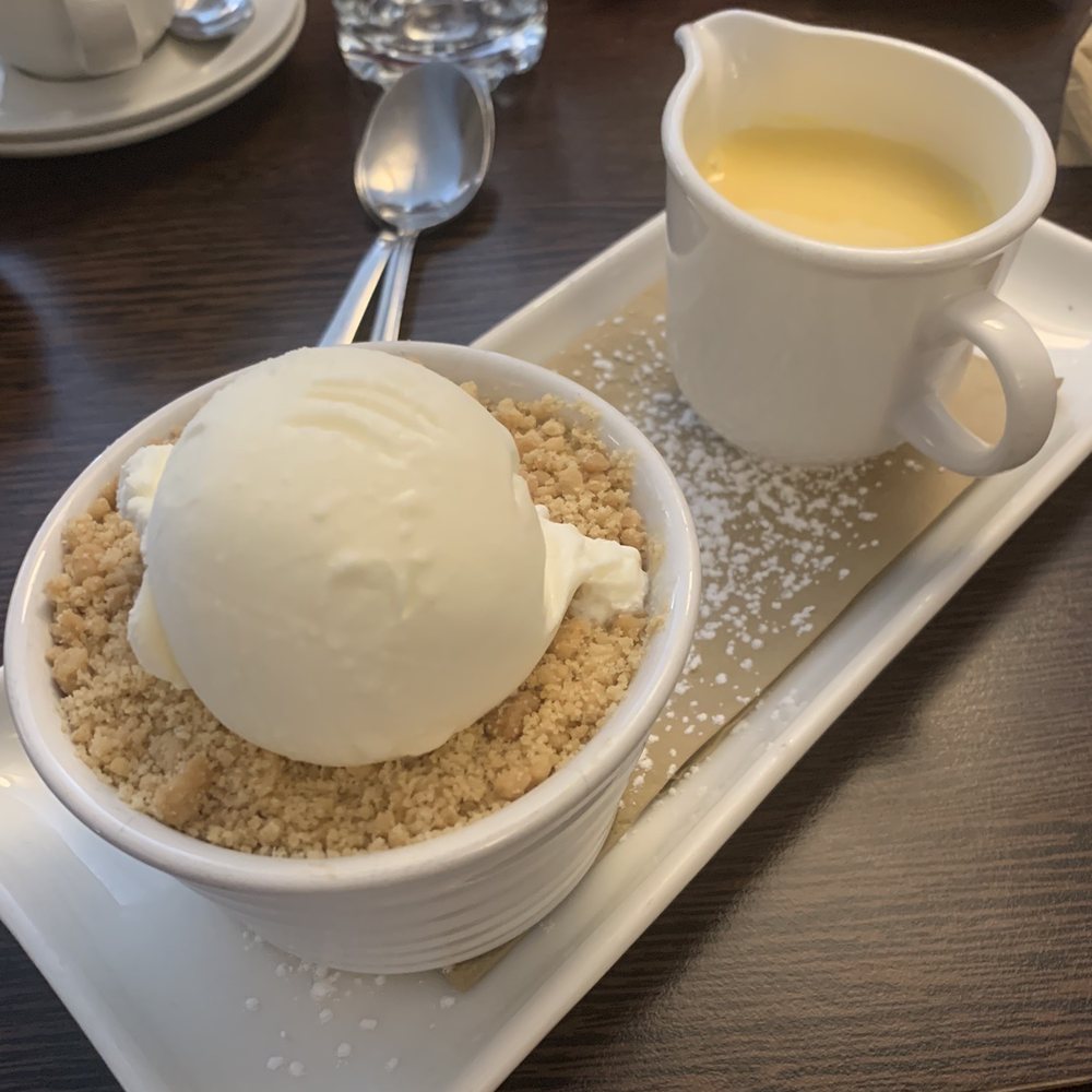 Millside Restaurant - apple crumble with ice cream and custard (tinned or powdered) - Modern European Near Me - Glenwherry, BLA