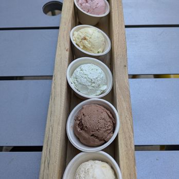 Koolfi Creamery - From top to bottom: rose, koolfi, tulsi, vegan dark chocolate, and jackfruit/coconut. - Ice Cream & Frozen Yogurt Near Me - San Francisco, California Koolfi Creamery - From top to bottom: rose, koolfi, tulsi, vegan dark chocolate, and jackfruit/coconut. - Ice Cream & Frozen Yogurt Near Me - San Francisco, California