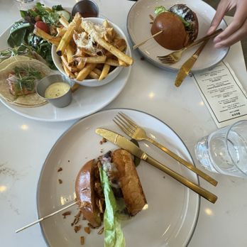 The Hook & Plow - Hook and Plow burger. Bistro board combo with salmon tacos, fries, and garden salad. - Seafood Near Me - Manhattan Beach, California The Hook & Plow - Hook and Plow burger. Bistro board combo with salmon tacos, fries, and garden salad. - Seafood Near Me - Manhattan Beach, California