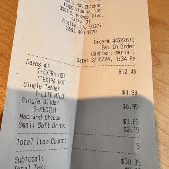Dave's Hot Chicken - Receipt - Halal Near Me - Visalia, California Dave's Hot Chicken - Receipt - Halal Near Me - Visalia, California