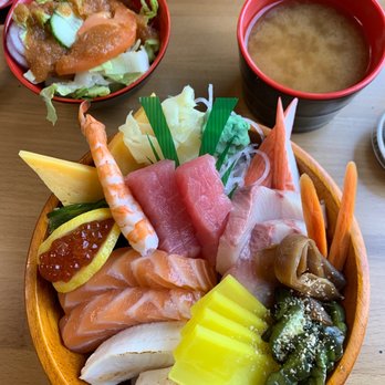 Eggs & Sushi - Chirashi special (includes salad and miso soup - and there is rice under the substantial food in the bowl) - Japanese Near Me - Springfield, Virginia