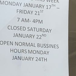 Standard True Value - Fresno - Store hours for week of Jan 17, 2022.