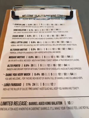 Menu photo 8 Alter Brewing Company Downers Grove, IL