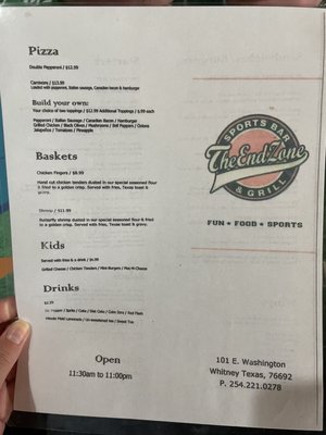 Menu photo 2 End Zone Whitney, TX