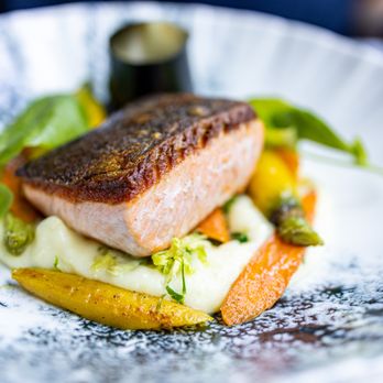 The Pressroom - Pan-Seared Ora King Salmon Naked ($48) potato purée, baby carrots, braised brussels sprouts, lemon-tarragon beurre blanc - Cocktail Bars Near Me - San Jose, California The Pressroom - Pan-Seared Ora King Salmon Naked ($48) potato purée, baby carrots, braised brussels sprouts, lemon-tarragon beurre blanc - Cocktail Bars Near Me - San Jose, California