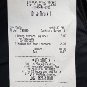 Corner Bakery Cafe - Receipt of previous order - Cafes Near Me - Glen Allen, Virginia