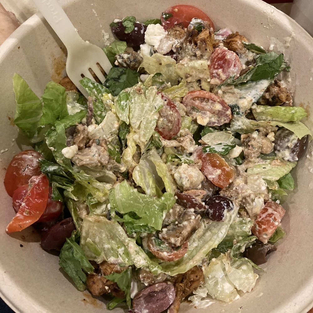 CAVA - Romaine lettuce with chicken, tomatoes, Olives, feta, and dill yogurt dressing - Mediterranean Near Me - Fairfax, Virginia