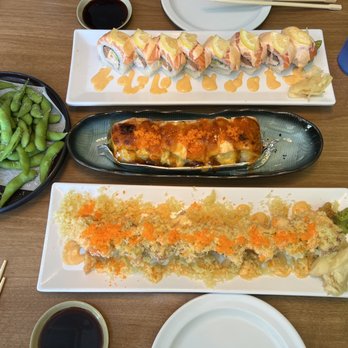 Mioki Sushi - Edamame, (Top to bottom) New Alaska Roll, Hollywood Roll, Crunchy Rainbow Roll - Sushi Bars Near Me - Fremont, California Mioki Sushi - Edamame, (Top to bottom) New Alaska Roll, Hollywood Roll, Crunchy Rainbow Roll - Sushi Bars Near Me - Fremont, California