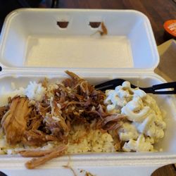 Hawaiian Bros Island Grill - Small luau pork with rice & Mac n cheese.