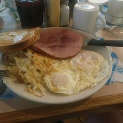 Omicron Family Restaurant - 2 perfect eggs with ham, hash browns, and toast. A mountain of food for only $6.50!