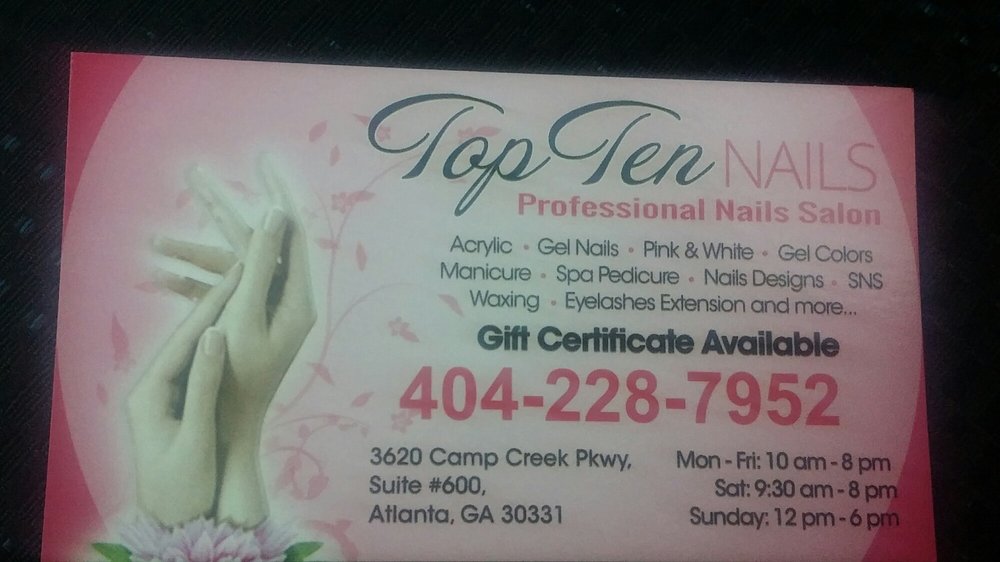 NAIL SALON TOP TEN Updated September 2024 3620 Camp Creek Pkwy SW