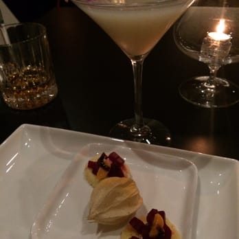 Le Malt Lounge - Complimentary appetizer with beets and goat cheese really good. Lychee drink in back was amazing too - Tapas Bars Near Me - Colonia, New Jersey