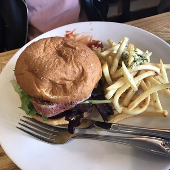 Knolls Restaurant - Seared ahi burger on brioche w/ garlic fries - American Near Me - Long Beach, California Knolls Restaurant - Seared ahi burger on brioche w/ garlic fries - American Near Me - Long Beach, California