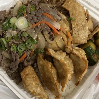 Jin’s Korean BBQ - Aloha plate: bulgogi, mandu, fish cakes, mac salad, cucumber kimchi, japchae - Hawaiian Near Me - Spring Valley, Nevada