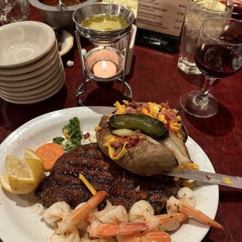 Cattleman's Steakhouse at Indian Cliffs Ranch - Ribeye with shrimp - Steakhouses Near Me - Fabens, Texas