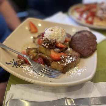 Snooze, an A.M. Eatery - Bread Pudding French Toast and side of sausage - Breakfast & Brunch Near Me - Denver, Colorado