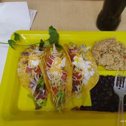 One Love Smoothie & Grilled Cheese - 1 ground beef taco, 1 chicken taco, 1 carne asada taco, rice and beans
