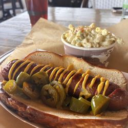 Kirby's - Sausage on pretzel bun with candied jalapeños and macaroni salad
