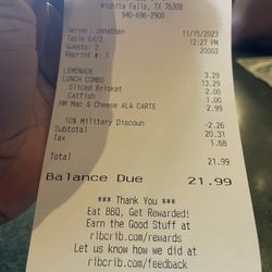 RibCrib BBQ - My bill with military discount. Didn't know I was paying $3.00 for mac-n-cheese until my lunch bill came.