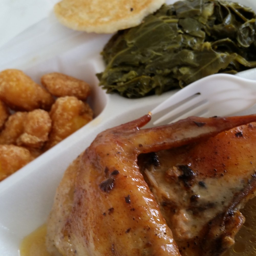 Ms. Stella's - Baked chicken with corn nuggets and collard greens - Southern Near Me - Milledgeville, Georgia Ms. Stella's - Baked chicken with corn nuggets and collard greens - Southern Near Me - Milledgeville, Georgia