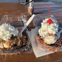 Build Your Own Cookie - Snickerdoodle, salted caramel truffle ice cream and Oreos butterfinger (left) and fudgy brownie cookie, moose tracks ice cream w sprinkles.