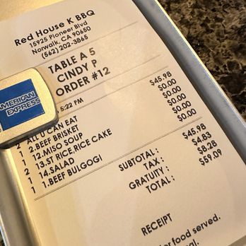 Red House KBBQ - Our check. Decent price for two. 18% tip is included and is noted. - Barbeque Near Me - Norwalk, California Red House KBBQ - Our check. Decent price for two. 18% tip is included and is noted. - Barbeque Near Me - Norwalk, California