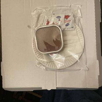 Mateo Pizza - "Spoonful" dessert on top of pizza box with taped on plastic enclosed bag with plates, napkins and condiments - Pizza Near Me - San Mateo, California