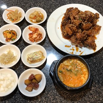 Stone Korean Restaurant - Sides on the house, marinated fried chicken, combo tofu soup - Korean Near Me - Redmond, Washington