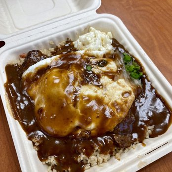 Faithful Grinds - Loco Moco (with Spam & bacon fried rice & extra gravy; best on the rock!) - VN - Hawaiian Near Me - Kahului, Hawaii Faithful Grinds - Loco Moco (with Spam & bacon fried rice & extra gravy; best on the rock!) - VN - Hawaiian Near Me - Kahului, Hawaii