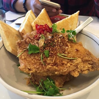 Maketto - Fried Chicken with toast & sour cabbage at the bottom, sweet fish sauce brushed on crispy skins - Cafes Near Me - Washington, DC, District of Columbia