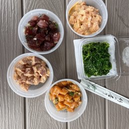 spicy salmon, miso salmon, spicy ahi, hawaiian style ahi, ocean salad spicy salmon, miso salmon, spicy ahi, hawaiian style ahi, ocean salad