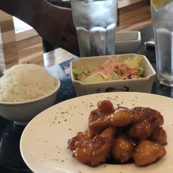 Hanaya Restaurant - Orange chicken lunch (comes with steamed rice and soup or salad for $7.95). Very good! - Sushi Bars Near Me - Flower Mound, Texas Hanaya Restaurant - Orange chicken lunch (comes with steamed rice and soup or salad for $7.95). Very good! - Sushi Bars Near Me - Flower Mound, Texas