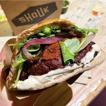 Shouk - Shouk Burger on pita - Vegan Near Me - Rockville, Maryland