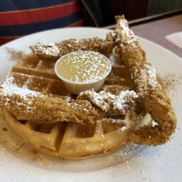 Waffle West End - the sauce was delicious. Well made waffle. Chicken strips were on the smaller side. Waffle West End - the sauce was delicious. Well made waffle. Chicken strips were on the smaller side.