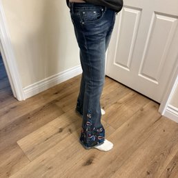 my wife's hippie pants, were too long, loving the embroidery.No cutting he performed a great job and my wife couldn't be happier. my wife's hippie pants, were too long, loving the embroidery.No cutting he performed a great job and my wife couldn't be happier.