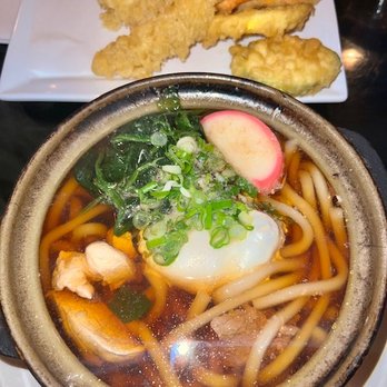 Umii Grill - Nabeyaki Udon served with Shrimp and Vegetable Tempura - Japanese Near Me - Terre Haute, Indiana Umii Grill - Nabeyaki Udon served with Shrimp and Vegetable Tempura - Japanese Near Me - Terre Haute, Indiana