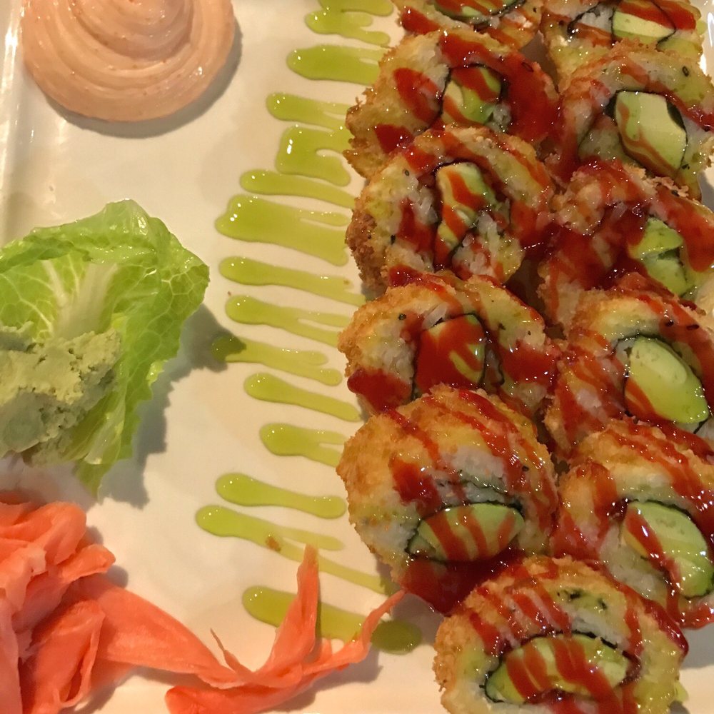 Sushi One - Custom made avocado roll - whole roll tempura fried - with mango kiwi sauce! So good. - Japanese Near Me - Naples, Florida Sushi One - Custom made avocado roll - whole roll tempura fried - with mango kiwi sauce! So good. - Japanese Near Me - Naples, Florida