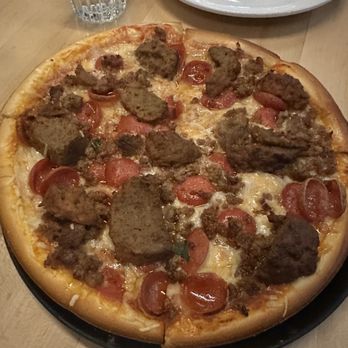 Mootz Pizzeria + Bar - Pepperoni sausage and meatball pizza with vegan cheese! (YUM) - Pizza Near Me - Detroit, Michigan