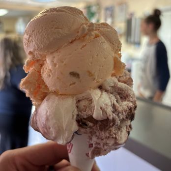 Van Dyk's Ice Cream - Two scoop cone--peach (top), cherry vanilla (bottom) - Ice Cream & Frozen Yogurt Near Me - Ridgewood, New Jersey Van Dyk's Ice Cream - Two scoop cone--peach (top), cherry vanilla (bottom) - Ice Cream & Frozen Yogurt Near Me - Ridgewood, New Jersey