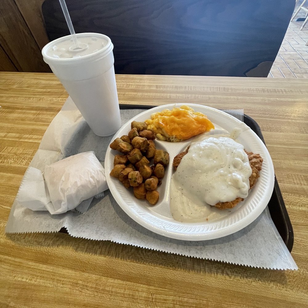 Burger Inn - Country Fried Steak With Fried Okra, Macaroni and cheese, biscuit - $6.49 - Breakfast & Brunch Near Me - Woodstock, Georgia Burger Inn - Country Fried Steak With Fried Okra, Macaroni and cheese, biscuit - $6.49 - Breakfast & Brunch Near Me - Woodstock, Georgia