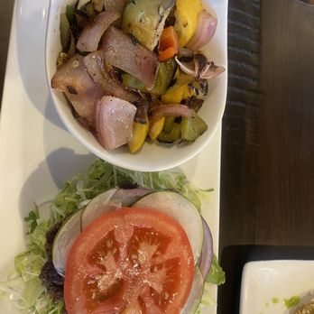 Stir - Burger with Lettuce, Tomato, Onion, and Pickles. Mixed Vegetables. - Cocktail Bars Near Me - Knoxville, Tennessee
