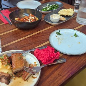 The Market Bar - Pork belly, broccolini, tempura vegetables, remains of roasted peppers - Bars Near Me - Dublin, D