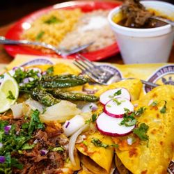 Taqueria La Carreta - Tacos dorados, vapmiros, frijoles y arroz, and consomes