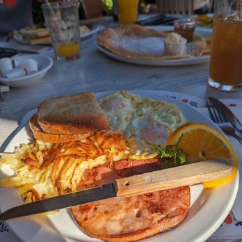 Paula's Pancake House - Ham steak, eggs over easy, sourdough toast and hash browns - Breakfast & Brunch Near Me - Solvang, California Paula's Pancake House - Ham steak, eggs over easy, sourdough toast and hash browns - Breakfast & Brunch Near Me - Solvang, California