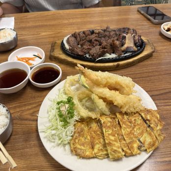Willow Tree Korean Restaurant - Meat juhn with shrimp and vegetable tempura and kalbi in the back - Korean Near Me - Kailua, Hawaii Willow Tree Korean Restaurant - Meat juhn with shrimp and vegetable tempura and kalbi in the back - Korean Near Me - Kailua, Hawaii