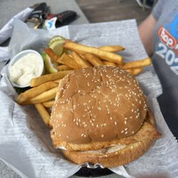 Whitefish sandwich and fries Whitefish sandwich and fries