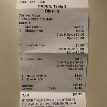 Ventura Crab N Spice - Receipt - Seafood Near Me - Ventura, California