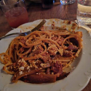 Anton's - Bucatini Baczynsky. $28. Tasty smoky version of Bucatini all'Amatriciana - American Near Me - New York, New York