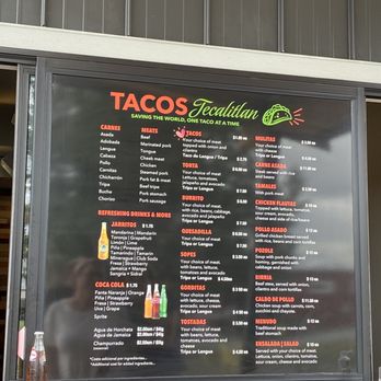 Tacos Tecalitlan - a menu on a window - Food Trucks Near Me - Mount Vernon, Washington Tacos Tecalitlan - a menu on a window - Food Trucks Near Me - Mount Vernon, Washington