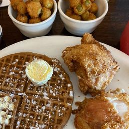 #7 with thighs, cinnamon waffle and 2 orders of okra #7 with thighs, cinnamon waffle and 2 orders of okra